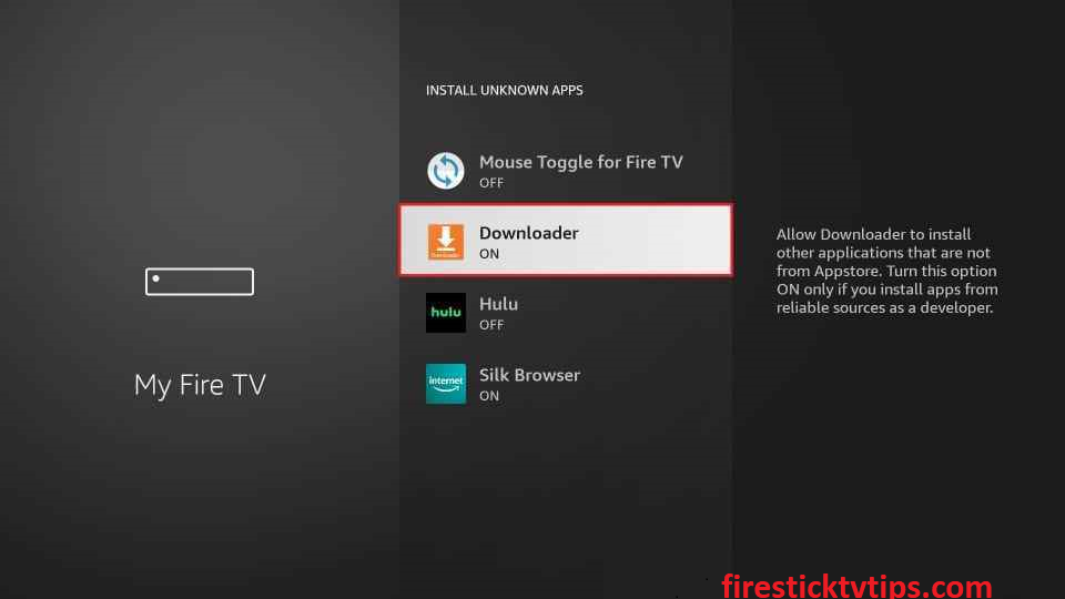 Turn on Downloader to install NFL Sunday Ticket on Firestick
