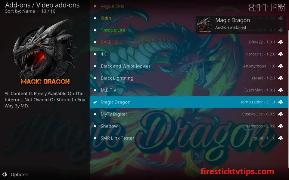 Magic Dragon Kodi addon installed message