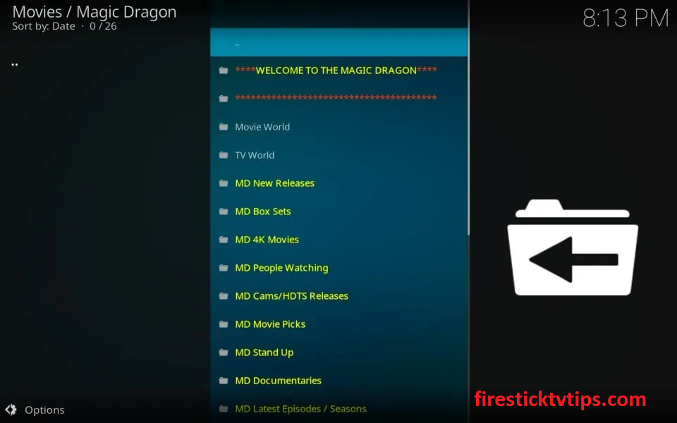 home screen of Magic Dragon Kodi Addon