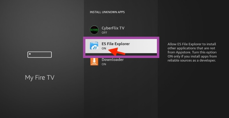 Turn on ES File Explorer to get Nora Go on Firestick