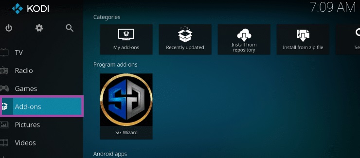 click the Add-ons option to get NotFlix Kodi Build