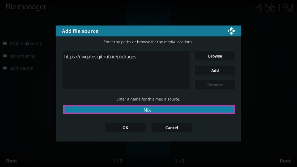 type the name of the source file  to get Seren Kodi Addon