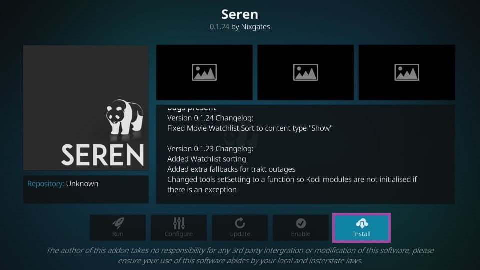  Click the Install button to get Seren Kodi Addon