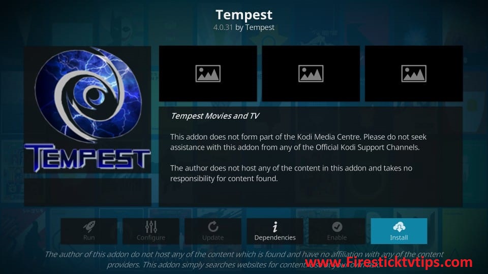 Tap the Install button to get Tempest Kodi addon