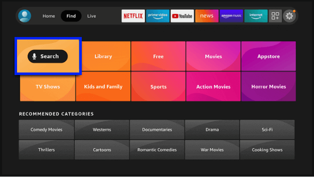 Select the Search tile. KlowdTV on Firestick.