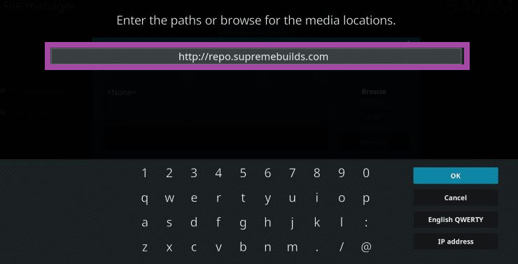enter the source file URL of Supreme Builds to get Titanium Kodi Build