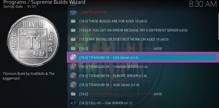 Select the USA server to get Titanium Kodi Build