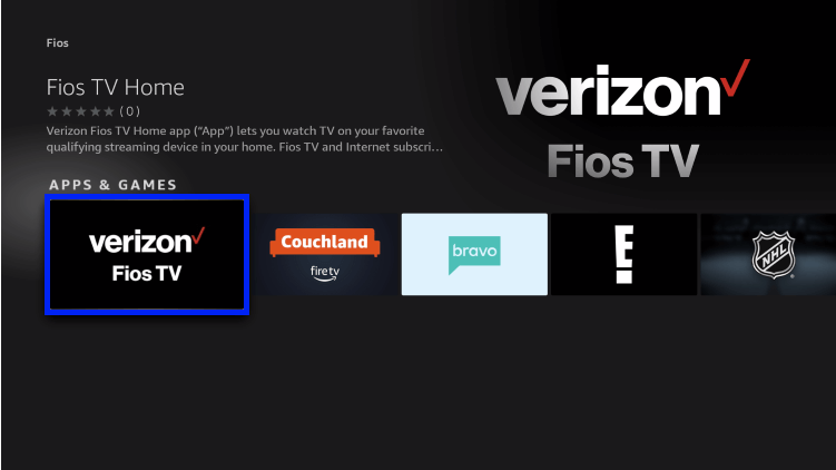 Select Fios TV Home. fios tv app on firestick