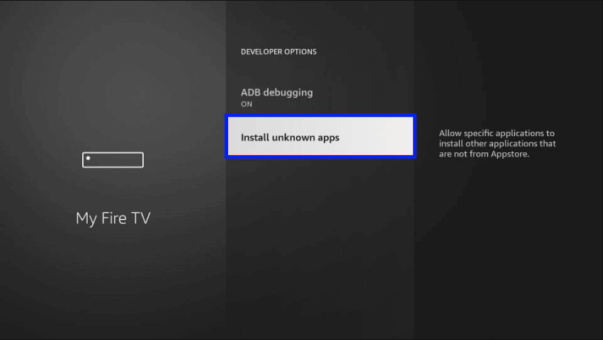 Select Install unknown apps. shack tv on firestick 