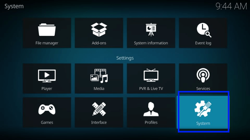 Go to Kodi Settings and select System. 